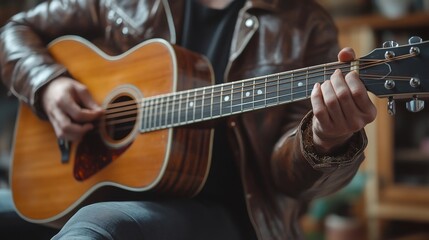 Obraz premium Close-up of a Musician Playing an Acoustic Guitar