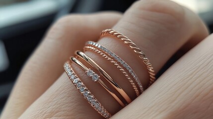 Stackable ring set, three thin bands, one with diamonds, one in plain gold and one with a twisted design. generative ai