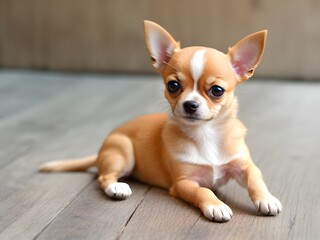 Cute chihuahua puppy sitting on the floor close up