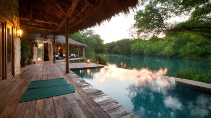 Sunset river view luxury villa pool yoga deck