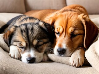 Two puppies cuddling and sleeping