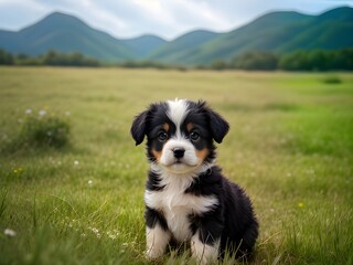 Cute puppy sitting in green grass field