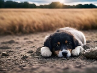 Sad puppy dog laying on the ground