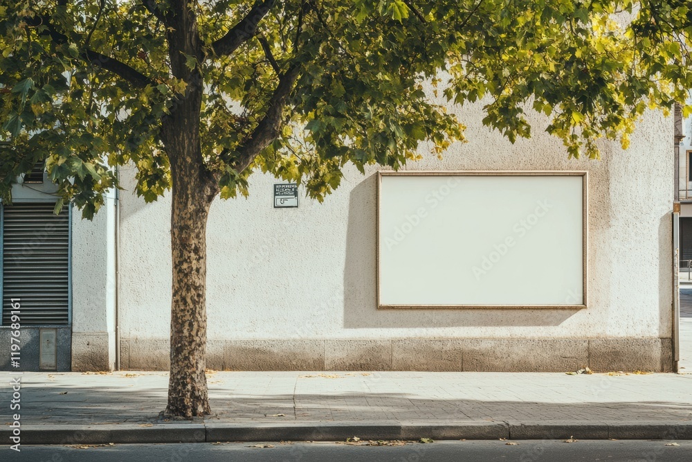 Poster blank advertising space against a concrete wall with tree shade providing contrast in an urban setti