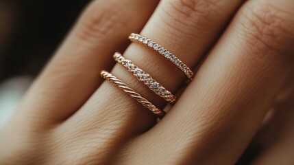 Stackable ring set, three thin bands, one with diamonds, one in plain gold and one with a twisted design. generative ai