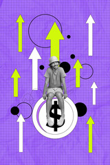 Vertical art banner collage of happy businessman sit coin dollar income success bank salary transaction arrow development