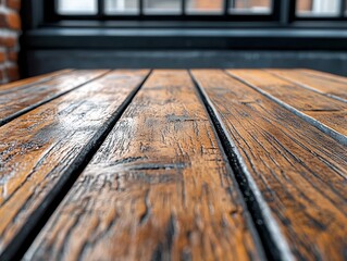 A close up of a wooden table in front of a window