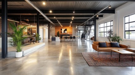 Fototapeta premium Modern Industrial Office Space Design: Polished Concrete Floors and Exposed Beams