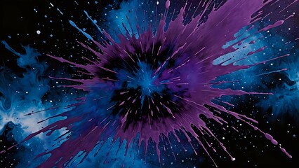 Fototapeta premium Abstract cosmic paint explosion; vibrant purple and blue hues splatter on black background, resembling a nebula or galaxy. Perfect for designs needing energy and creativity.