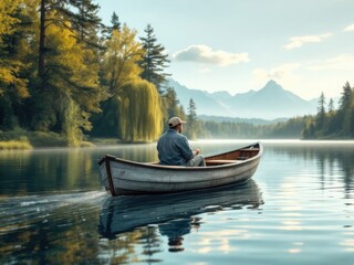 Serene Fisherman on Calm Lake at Sunrise"