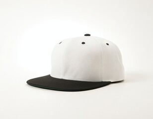 Fototapeta premium A stylish unisex cap featuring a crisp white top and a bold black brim.