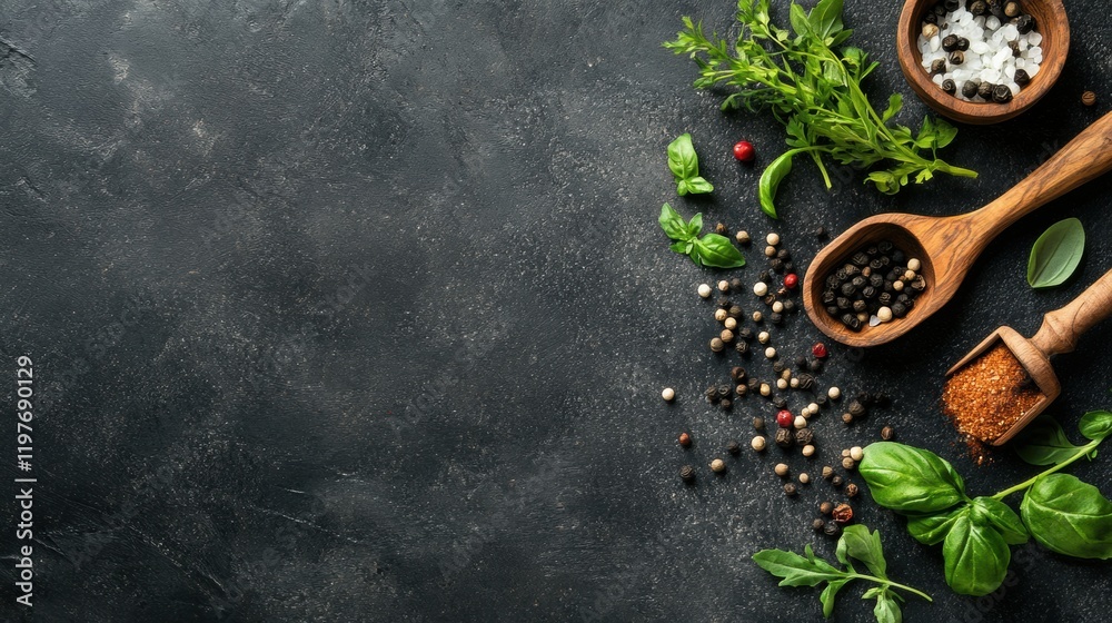 Aufkleber Spices and herbs arranged on a dark surface with room for text and design elements in culinary setting. Generative AI