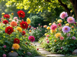 Vibrant Dahlia Garden Pathway in Full Bloom