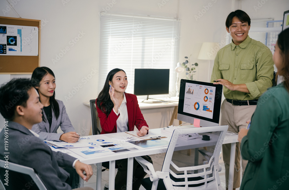 Poster young asian entrepreneurs and businesspeople are discussing company strategy using charts and data d