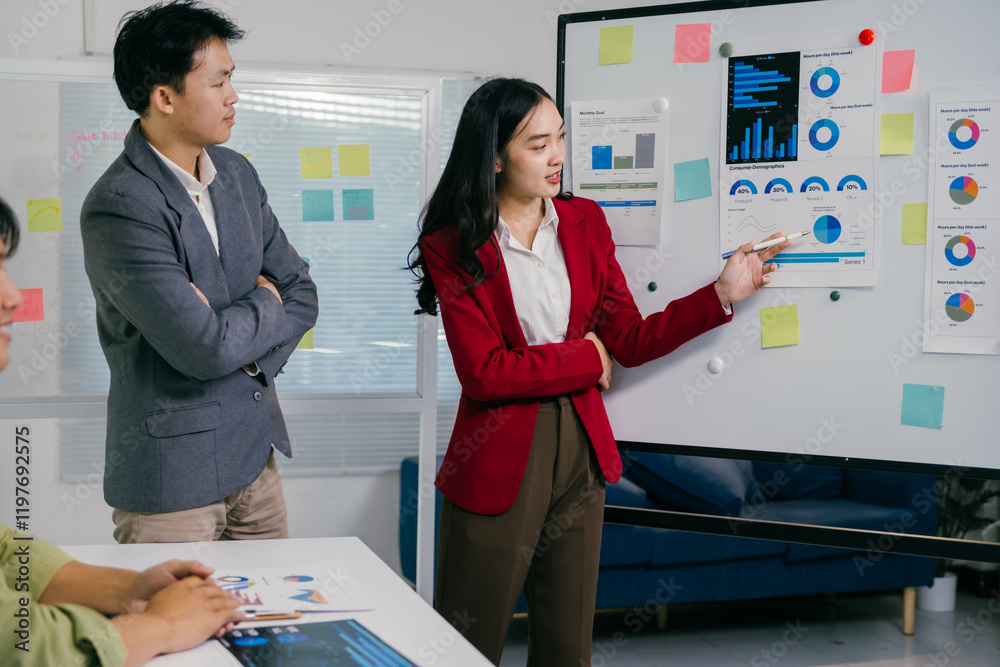 Poster during a business meeting, a businesswoman uses a whiteboard with charts and graphs to explain stati