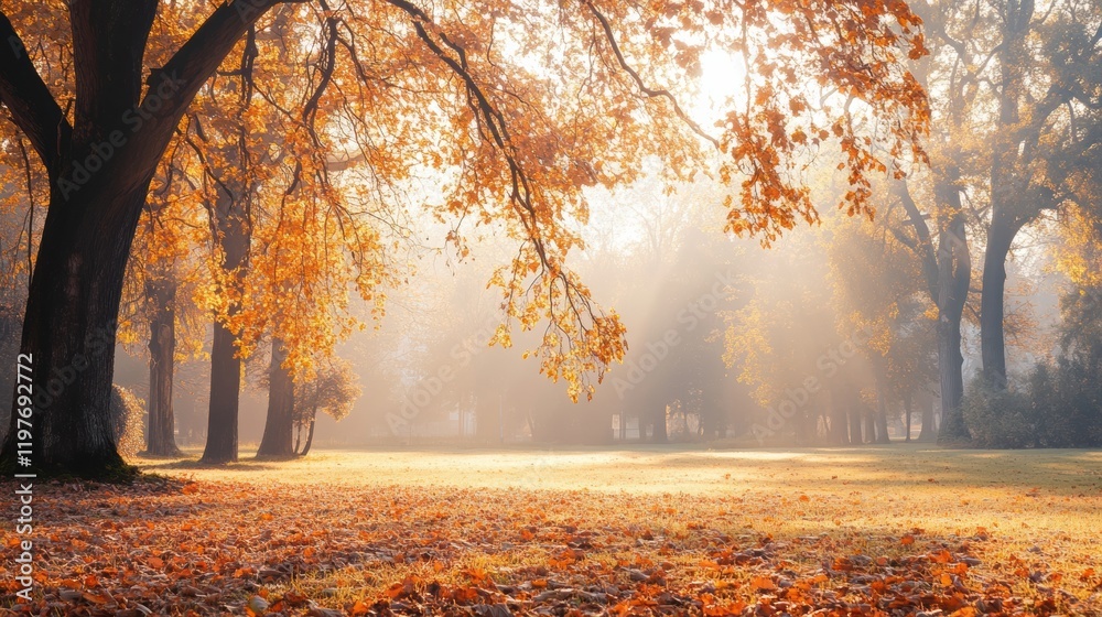 Poster autumn landscape with colorful leaves and warm sunlight creating a serene atmosphere in a tranquil p