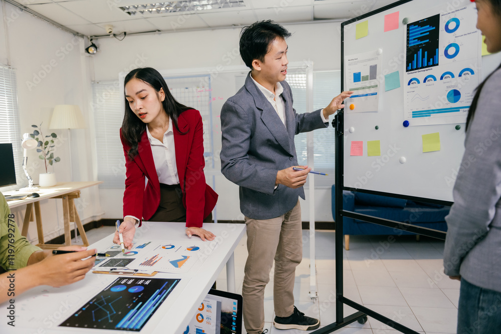 Poster business team collaborating in an office, analyzing financial data and marketing research graphs, an