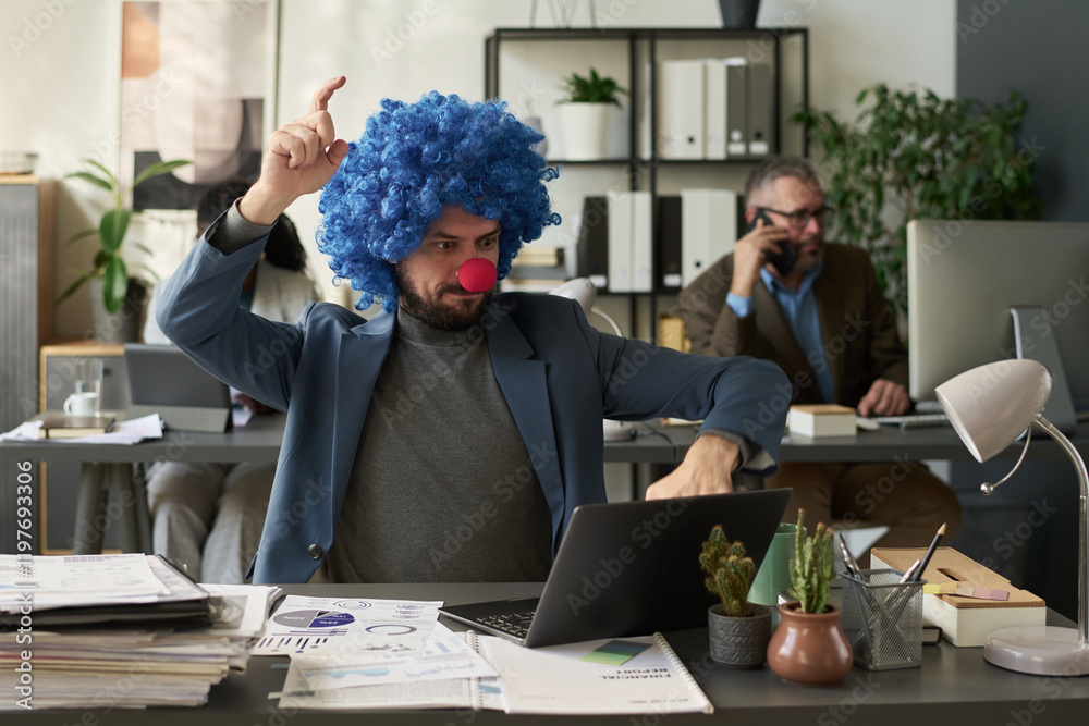 Poster businessman in clown wig looking at laptop screen and pressing keys while analyzing online financial
