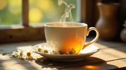 Warm sunlight illuminates a steaming cup of tea, accompanied by delicate chamomile blossoms on a rustic wooden surface near a window.