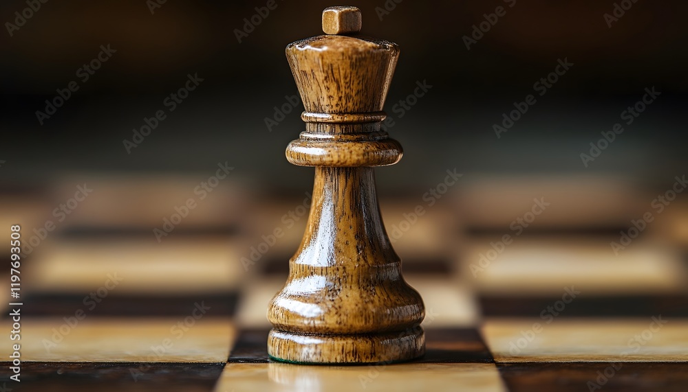 Poster close-up view of a wooden chess king piece on a chessboard highlighting strategic gameplay and intri