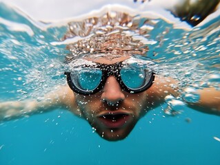 A man swimming underwater wearing goggles in a pool