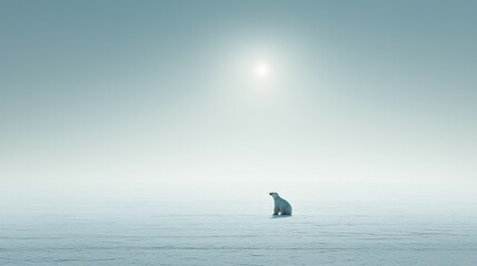 Naklejka premium Arctic polar bear sits, hazy sun, ice floe.