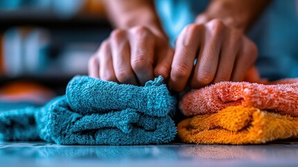 Two hands expertly roll up vibrant towels, emphasizing organization, color coordination, and the neatness in preparing for a tidy domestic environment.