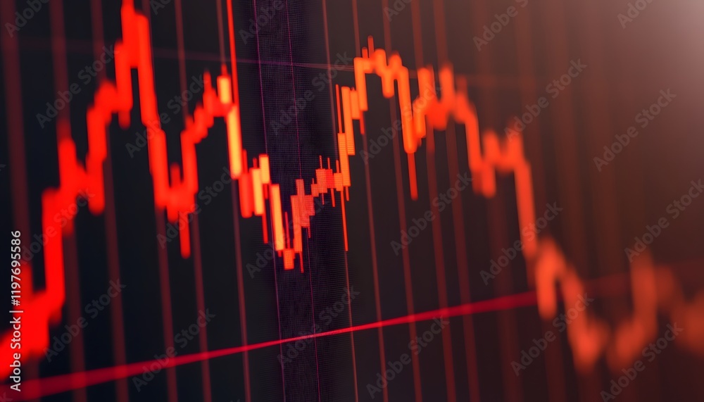 Poster abstract stock market graph with fluctuating red lines on a dark background depicting economic trend