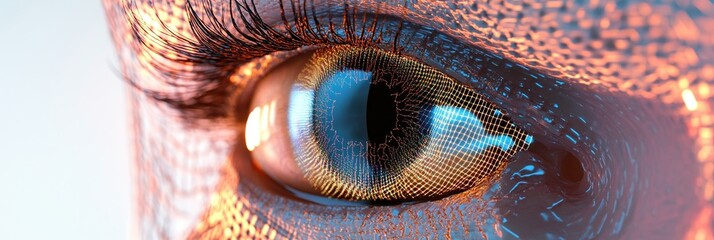 Cybernetic eye close-up revealing intricate details and vibrant colors in a futuristic setting