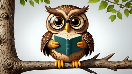 Wise owl perched on a tree branch, wearing glasses and reading a book; a charming illustration symbolizing knowledge, wisdom, and learning.