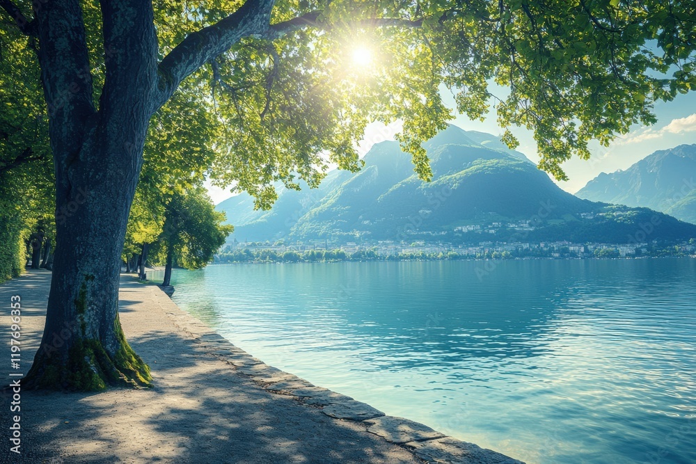 Poster serene lakeside view with tranquil waters and lush trees at sunrise near mountains. generative ai