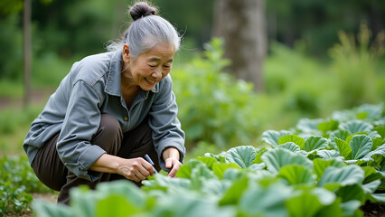 An elderly asian woman smiles while tending to her vibrant vegetable garden, carefully inspecting cabbage leaves and enjoying her gardening routine