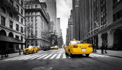 black and white London street with yellow taxi booths 