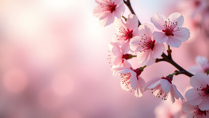 Obraz premium Delicate cherry blossoms bloom on a branch, showcasing soft pink petals and bright red stamens against a blurred pastel background