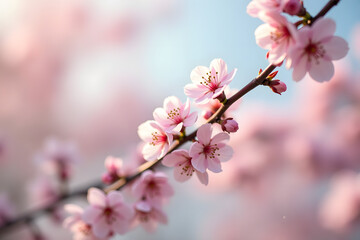Obraz premium Delicate cherry blossoms in soft pink hues bloom against a bright blue sky, showcasing the beauty of spring and nature's renewal