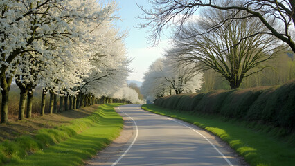 Fototapeta premium A tranquil road lined with blooming cherry blossom trees creates a picturesque scene in early spring, inviting leisurely strolls and tranquil drives