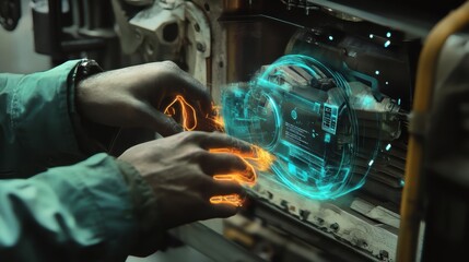 A detailed view reveals the AR headsets lenses showing interactive repair instructions with glowing highlights on specific parts of the machinery guiding the workers hands on the task.
