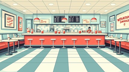 Retro diner interior with red counter, booths, and checkered floor.