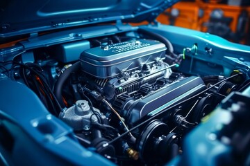 Detailed close up of an engine in a workshop setting during daylight