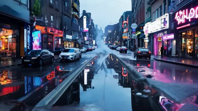A rainy city street with a neon sign for Bollo. The scene is dark and moody, with the rain reflecting the neon lights