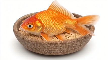 Orange goldfish rests in a small brown bowl filled with sand against a white background.