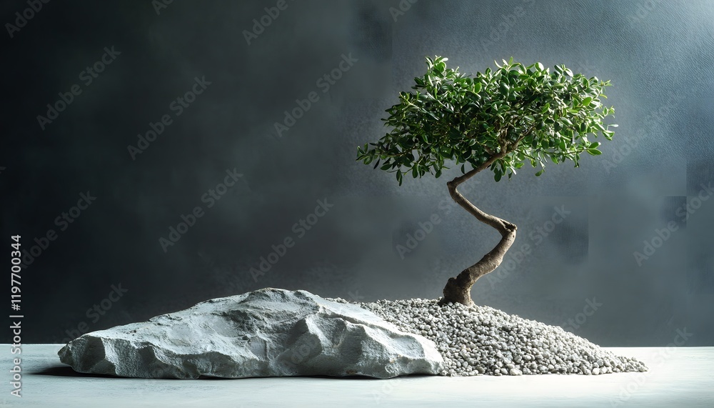 Poster Serene Minimalist Composition Featuring a Lone Tree on a Pebble-Strewn Rock with a Dark Gray Background, Emphasizing Nature's Tranquility and Simplicity in Modern Design