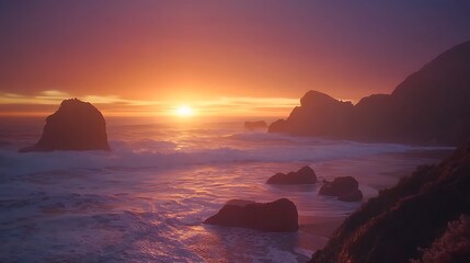 Ocean sunset rockscape; waves crashing; dramatic sky; coastal landscape; travel poster