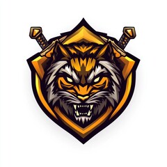 Obraz premium Fierce tiger mascot, crossed swords, golden shield, gaming logo