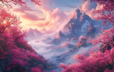 Pink Cherry Blossom Mountain Sunset Landscape © Crestiva Creative