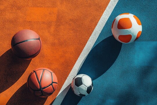 Sporting equipment arranged on a vibrant surface featuring multiple ball types