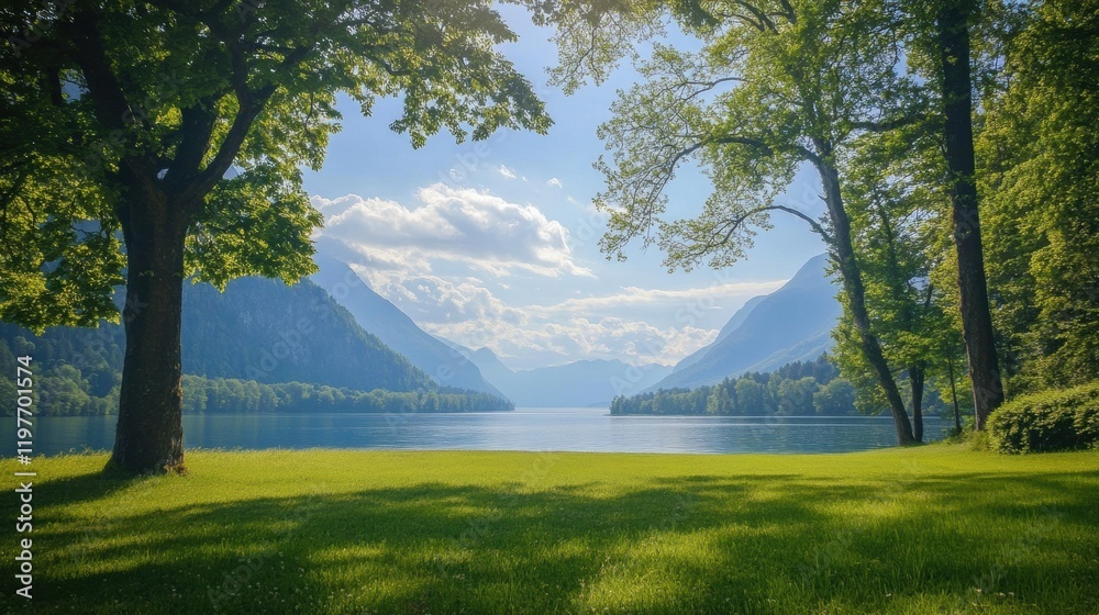 Poster tranquil landscape featuring a serene lake surrounded by mountains and lush trees during a sunny day