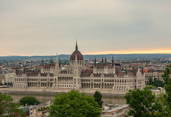 hungary Budapest twilight at Danube River with lit up Hungarian Parliament building