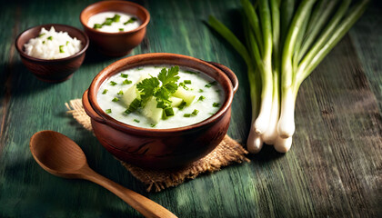 rice, vegetable soup and organic foods organised on a table with wooden spoons and wooden bowls 