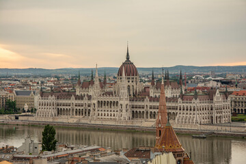 hungary Budapest twilight at Danube River with lit up Hungarian Parliament building